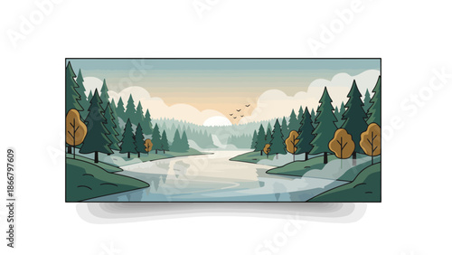 Serene landscape vector illustration of a tranquil lake surrounded by trees and mountains at sunrise
