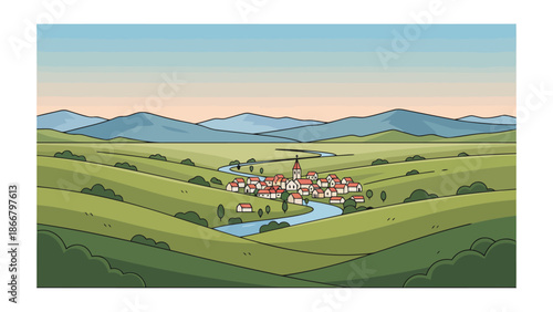 A serene vector illustration of a village nestled in a lush green valley surrounded by rolling hills and mountains