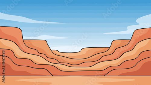 Vector illustration of a serene desert landscape with layered terrain under a clear blue sky