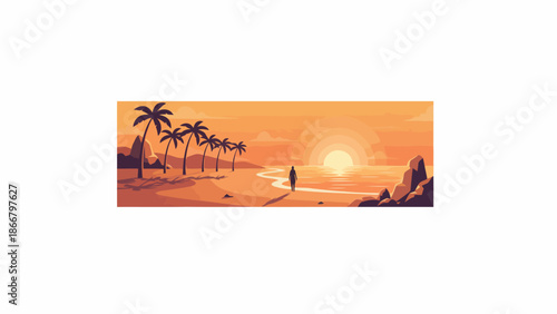 Tropical sunset beach with silhouette walker on shore.