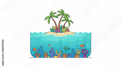 Vibrant vector illustration of an underwater scene with palm trees on a tropical island surrounded by colorful marine life