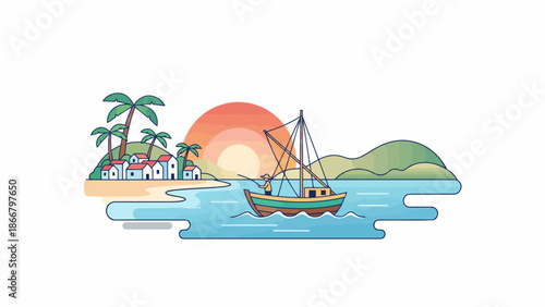 Serene tropical island getaway with a sailboat at sunset, a colorful vector illustration
