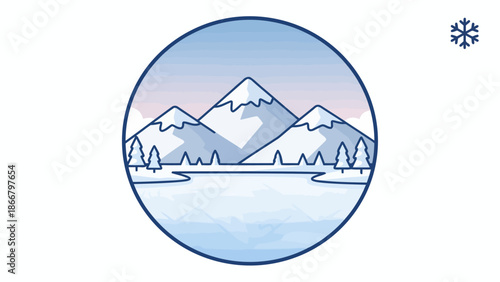 Serene Winter Landscape Vector Illustration of Snowy Mountains and Frozen Lake