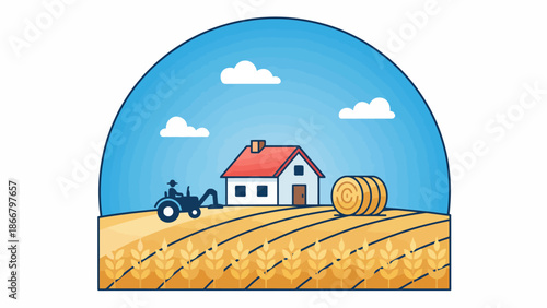 Rural landscape with house, tractor, and hay bale in a field, vector illustration
