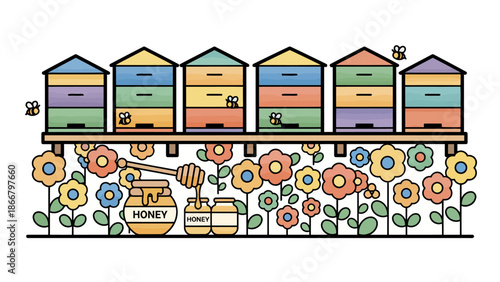 Colorful Beehives with Honey and Flowers Vector Illustration