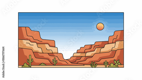 Desert Canyon Landscape With Red Rocks And Sun.