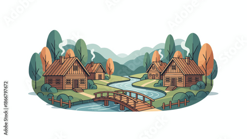 Tranquil village scene with river and bridge.