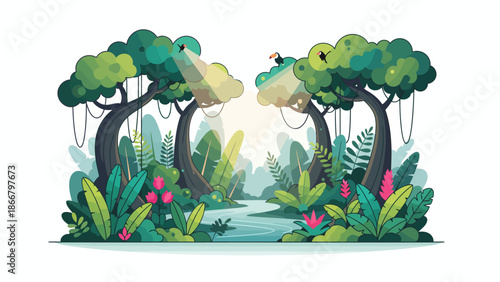 Serene river flowing through lush forest landscape vector illustration