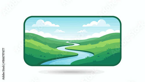 Serene Landscape with River, Hills, and Clouds in Vector Illustration