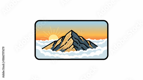 Snow Capped Mountain Peak Emerges Above Clouds at Sunset.