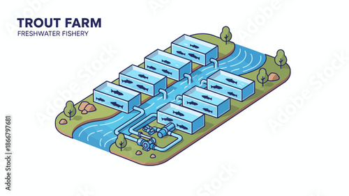 Trout Farm Aquaculture With Multiple Water Tanks.