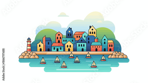 Colorful Seaside Town With Harbor And Boats.