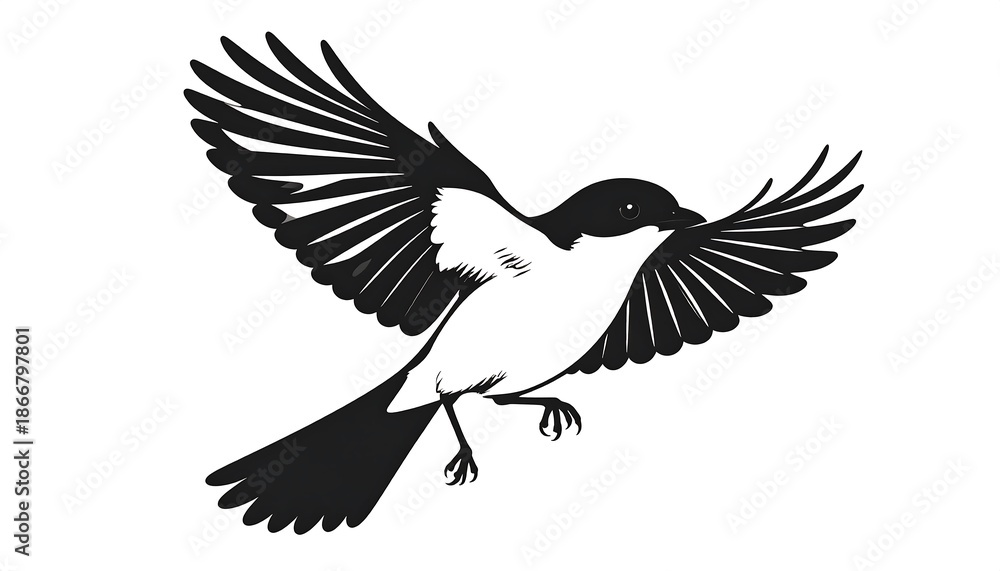 Obraz premium Magpie in Flight - A Striking Black and White Silhouette.