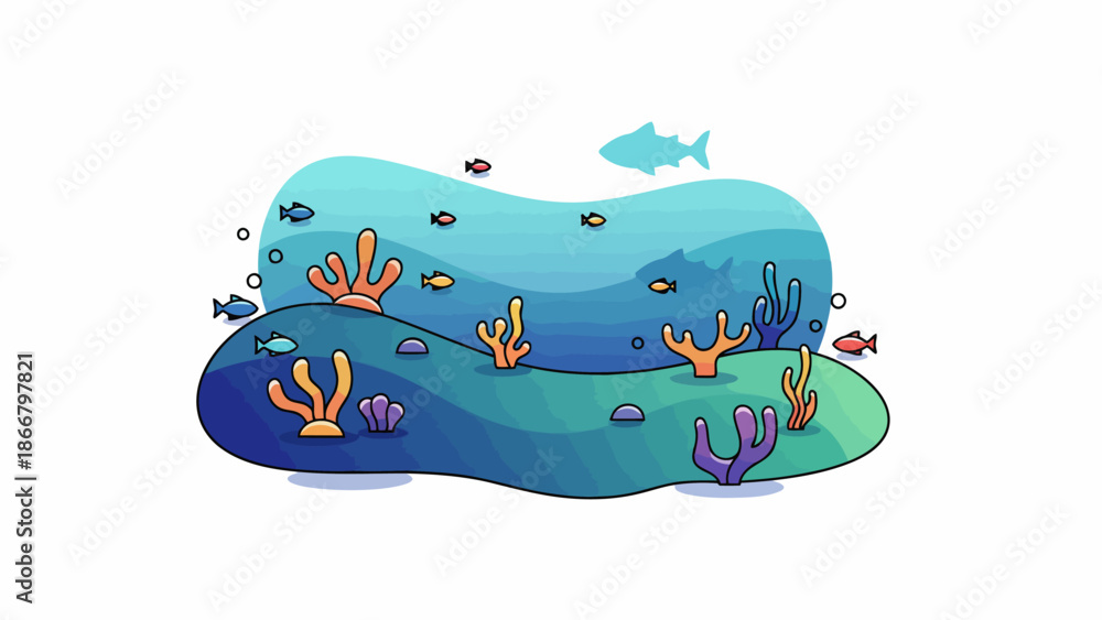Naklejka premium Vibrant underwater scene with coral and fish in a colorful vector illustration