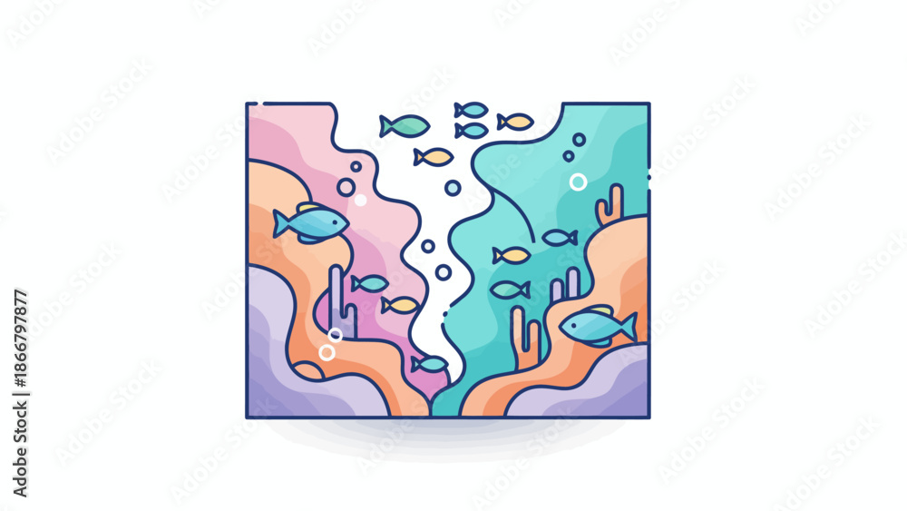 Obraz premium Underwater Scene with Fish Swimming in Ocean Currents, a Vibrant Vector Illustration from an Immersive Top-Down Viewpoint
