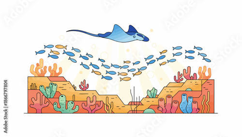 Vibrant underwater scene with stingray and fish swimming near colorful coral reef, vector illustration