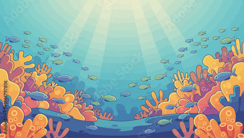 Vibrant underwater scene with coral, fish, and seaweed in a vector illustration
