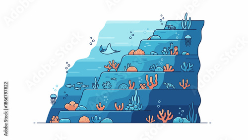 Underwater Ocean Scene with Coral and Sea Life Vector Illustration