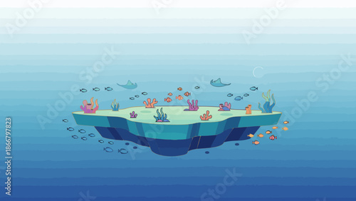 Underwater Island Scene with Marine Life and Coral Reef Vector Illustration