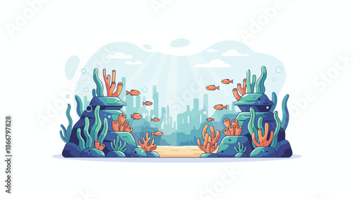 Underwater coral reef scene with fish and seaweed, a colorful vector illustration