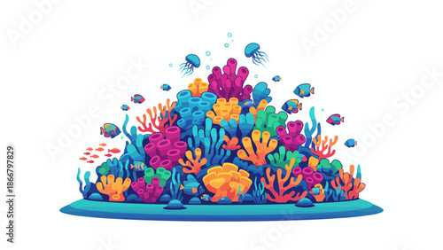 Vibrant underwater coral reef scene with diverse marine life vector illustration