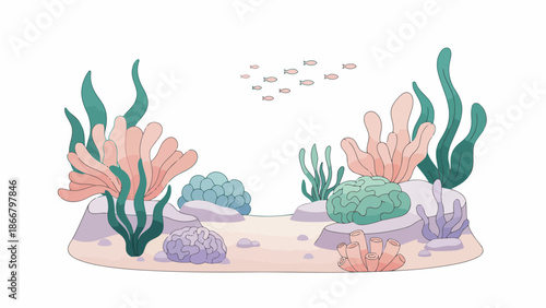 Underwater vector illustration of a vibrant ocean scene with seaweed, fish, and coral reef