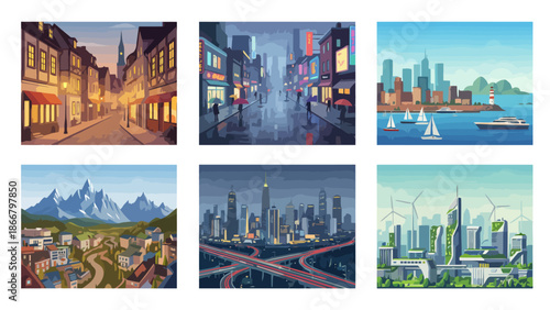 A vibrant cityscape at dusk featuring modern architecture and bustling streets in a stunning vector illustration