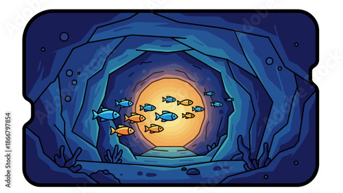 Underwater Scene with Fish Swimming in a Cave, Vector Illustration