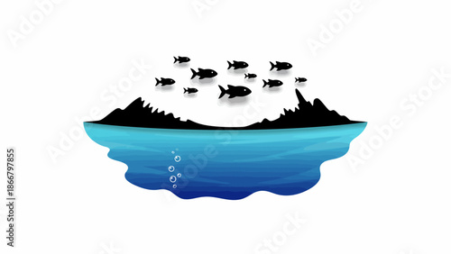 Vector illustration of fish swimming near the ocean surface with islands in the background