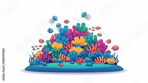 Vibrant coral reef landscape with diverse marine life in a colorful vector illustration
