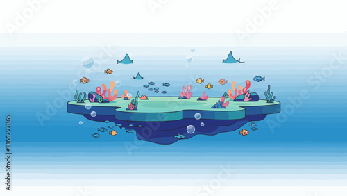 Underwater vector illustration of a futuristic cityscape with marine life and technology integrated seamlessly in the ocean environment