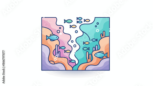 Underwater Scene with Fish Swimming in Ocean Currents, a Vibrant Vector Illustration from an Immersive Top-Down Viewpoint