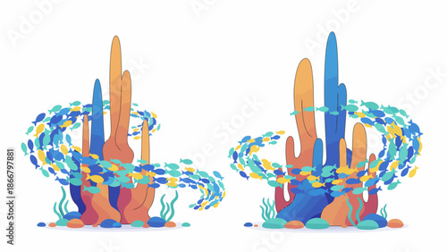 Vibrant vector illustration of a dynamic underwater scene with coral, seaweed, and fish swimming around in a circular motion