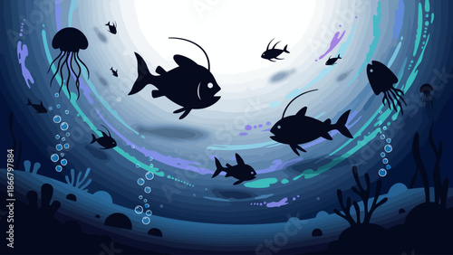 Underwater vector illustration of fish swimming around jellyfish in the ocean with sea creatures from a circular viewpoint
