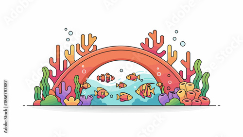 Colorful underwater vector illustration of a coral reef with fish swimming beneath an arch surrounded by seaweed and coral