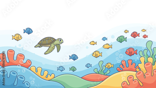 Colorful underwater scene with a turtle and fish swimming among coral, a vibrant vector illustration