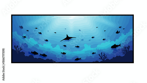 Underwater vector illustration of a shark swimming with fish in the ocean surrounded by coral