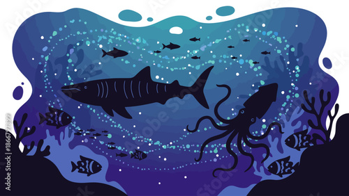 Underwater scene with shark, squid, and fish in ocean vector illustration