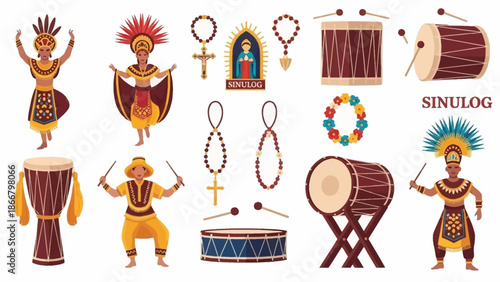 Sinulog Festival Elements Dancers, Drums, and Religious Symbols in a Colorful Illustration