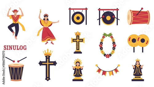 Vibrant Icons Celebrating the Sinulog Festival with Dancers, Drums, and Religious Symbols