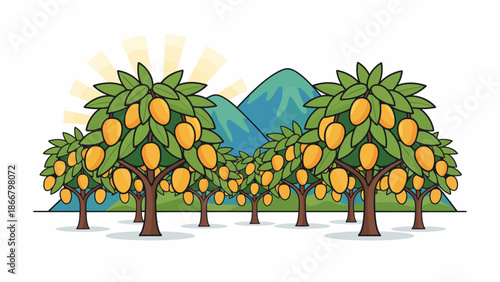 Lemon Tree Orchard With Mountain Background Sunny Day.