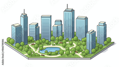 Vibrant urban skyline beside green park.