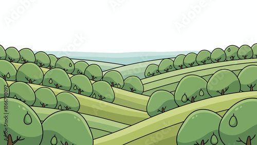 Cartoon style landscape of rolling green hills and trees.