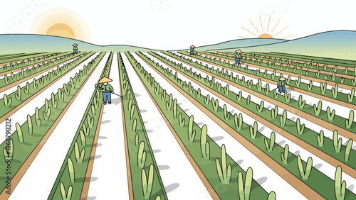 Farmer Tending Rows In Bright Agricultural Field.