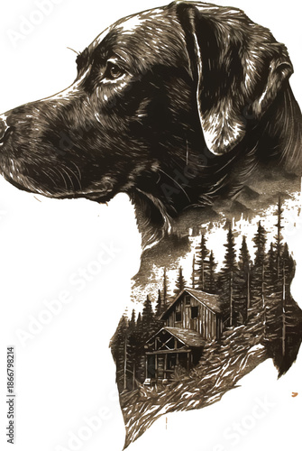 Noble Companion: A captivating artistic rendition showcases a loyal canine, its silhouette subtly interwoven with a serene forest scene, celebrating the bond between human and animal