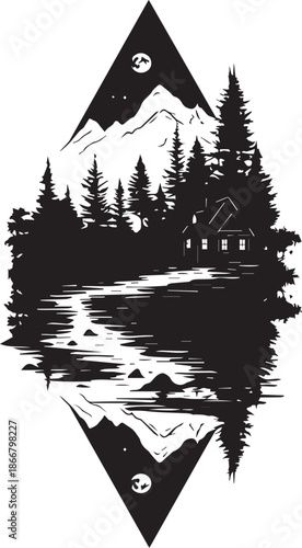 Geometric Forest Cabin: A symmetrical depiction of a serene cabin nestled amongst towering evergreen trees, reflecting on a tranquil lake under the moonlit sky.