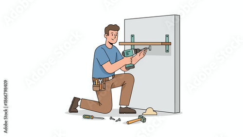 Tradesperson Installing Door Frame With Tools.