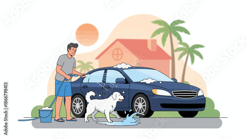 Man with Dog and Car in Driveway Scene.