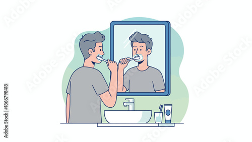 Man Shaving at Mirror During Morning Routine.