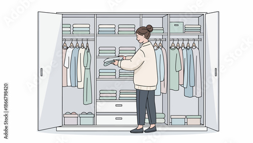 Man organizing clothes inside open wardrobe.
